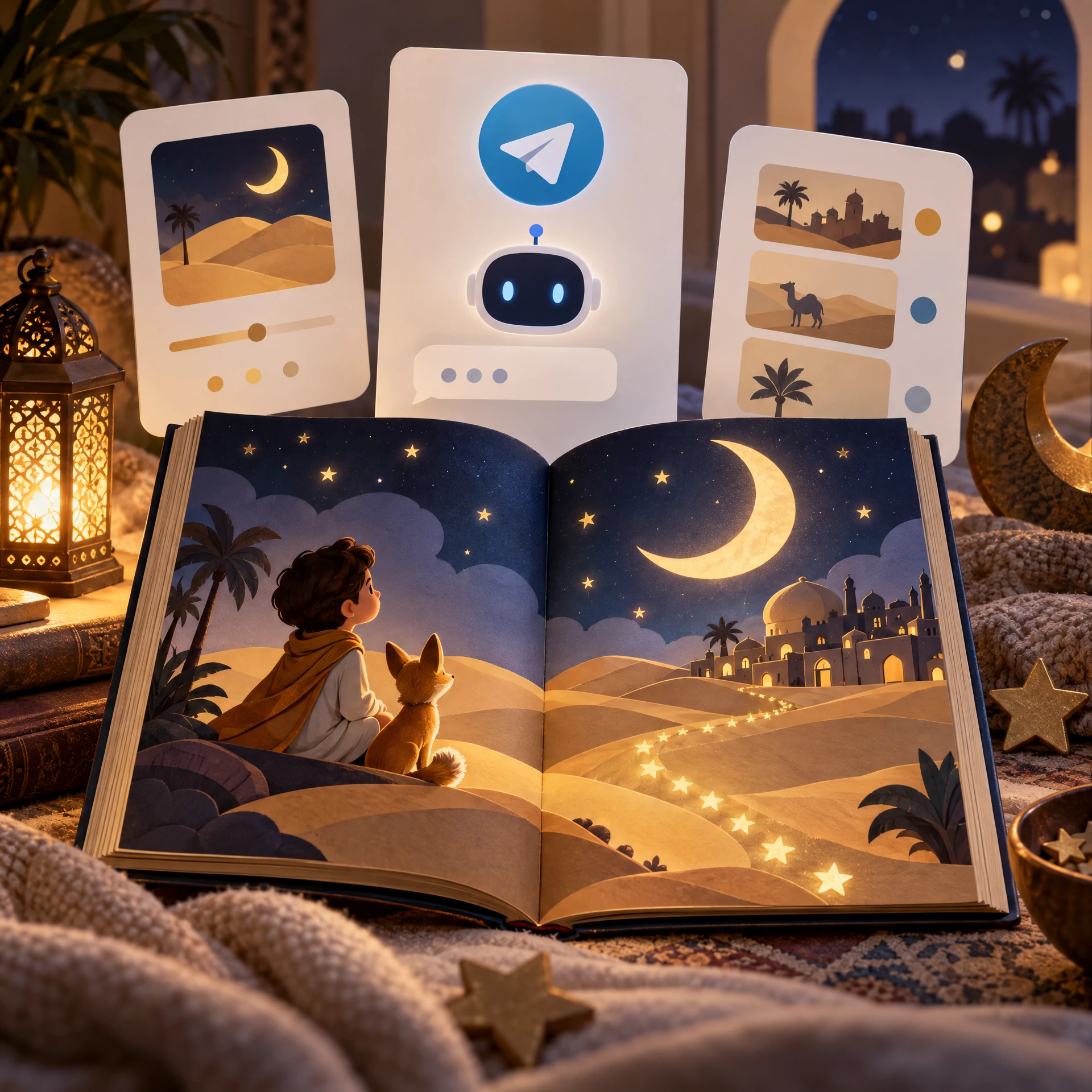 Telegram'da Yapay Zeka Destekli Çocuklar için Arapça Hikaye Anlatımı için temsilî çıktı örneği